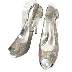 GUESS! IRIDESCENT RAINBOW SILVER, SILVER MIRROR HEEL, PEEP TOE HEELS! SZ 8.5M
